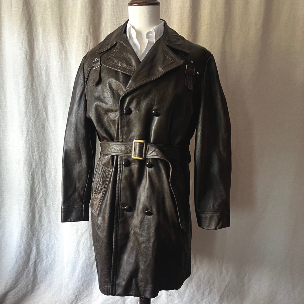Vintage Grais Leather Trench Coat Brown Belted Zip Out Liner Double Breasted 42